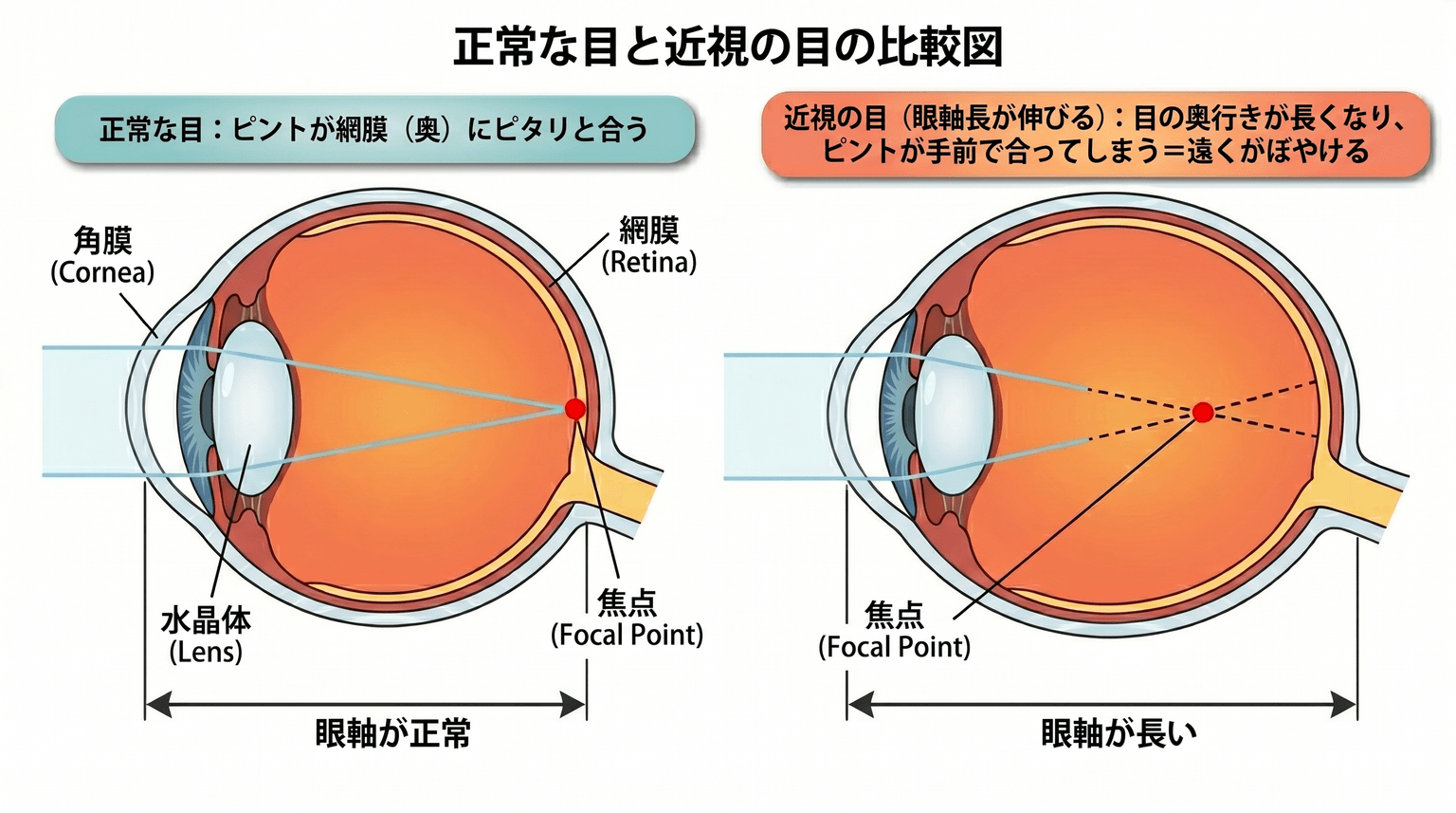正常な目と近視の目の比較図。近視は眼軸長がのび、網膜より手前でピントが合うため遠くがぼやける。一度のびた眼軸は元に戻らない。