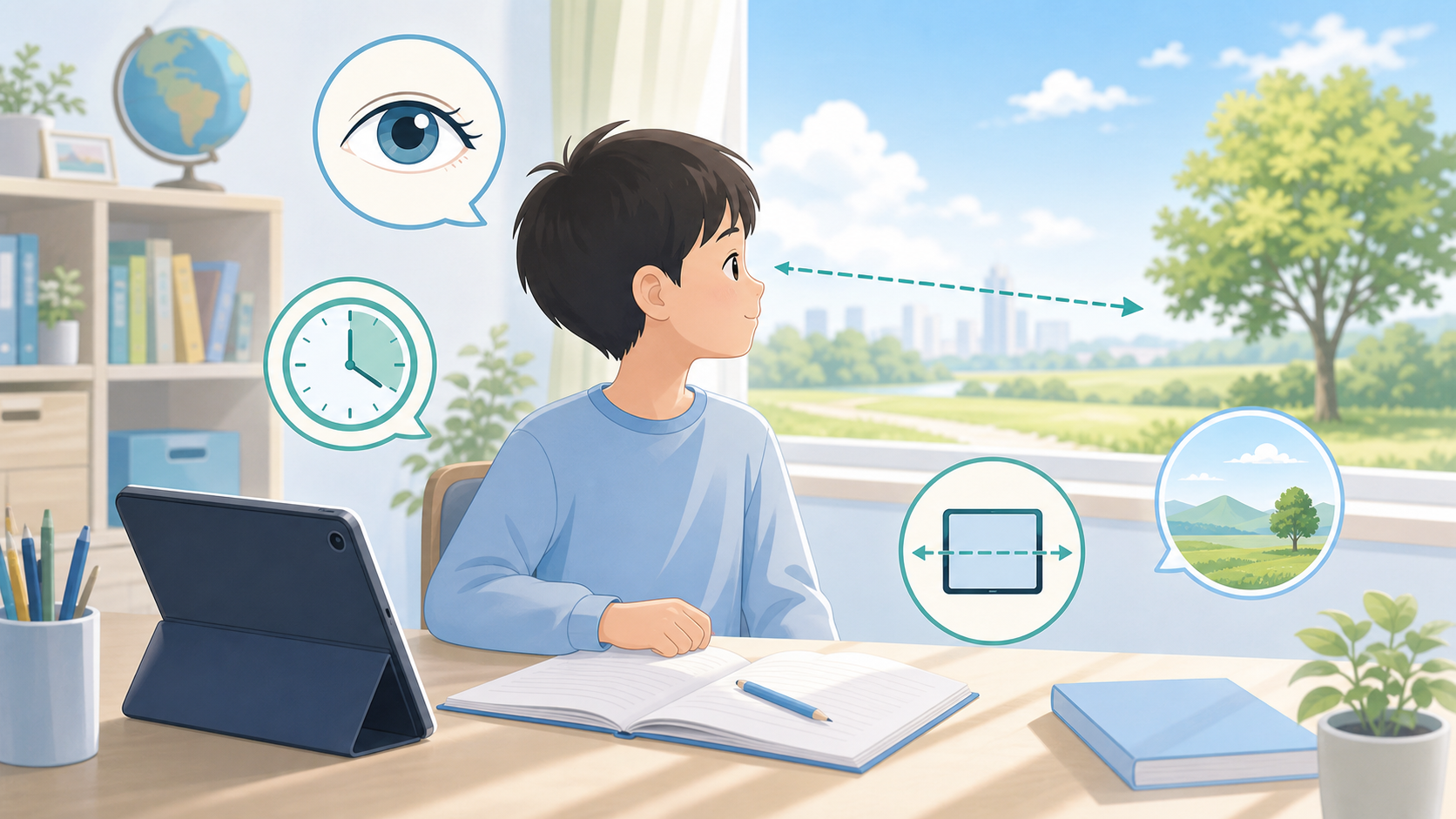 タブレット学習中の子どもが窓の外を見て目を休めるイメージ