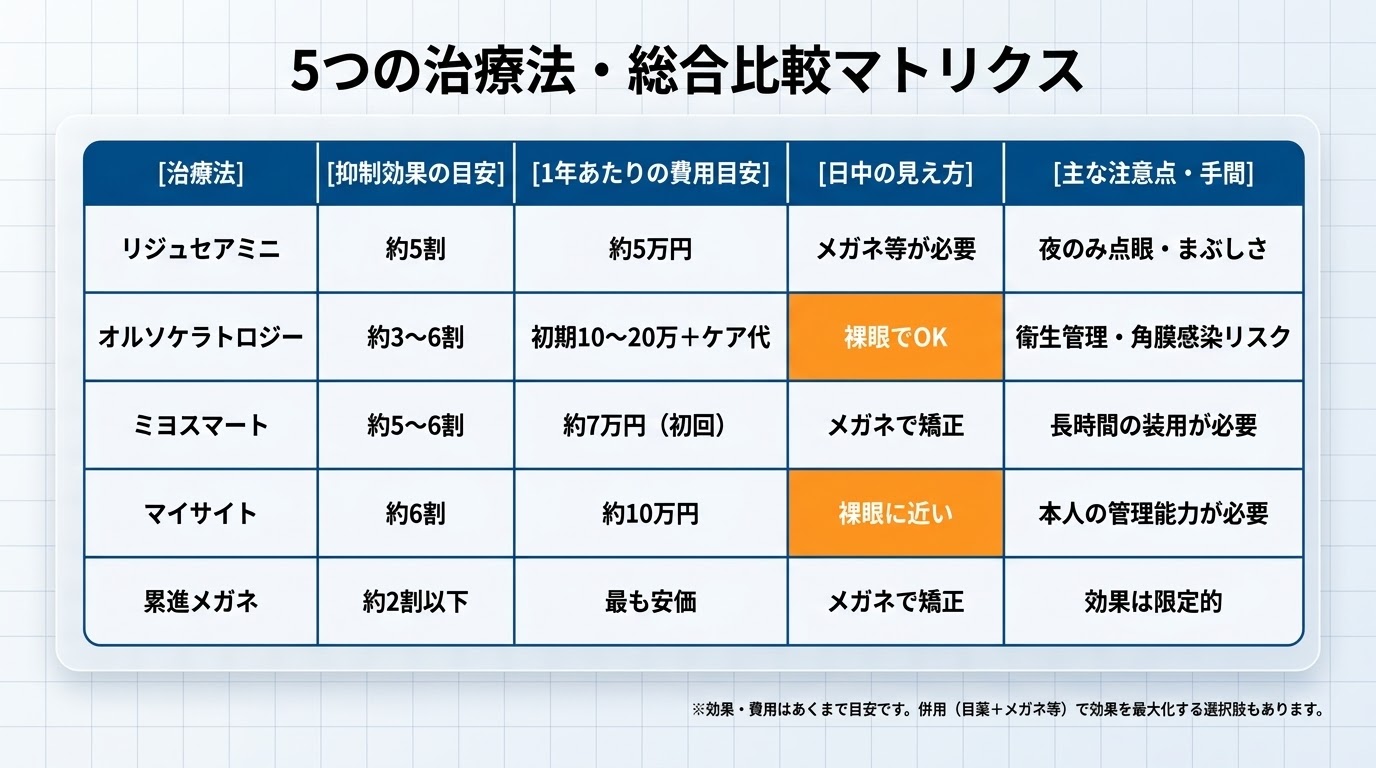 子どもの近視進行を抑える主な治療法の一覧。低濃度アトロピン点眼、オルソケラトロジー、DIMS眼鏡(ミヨスマート)などをまとめた図。