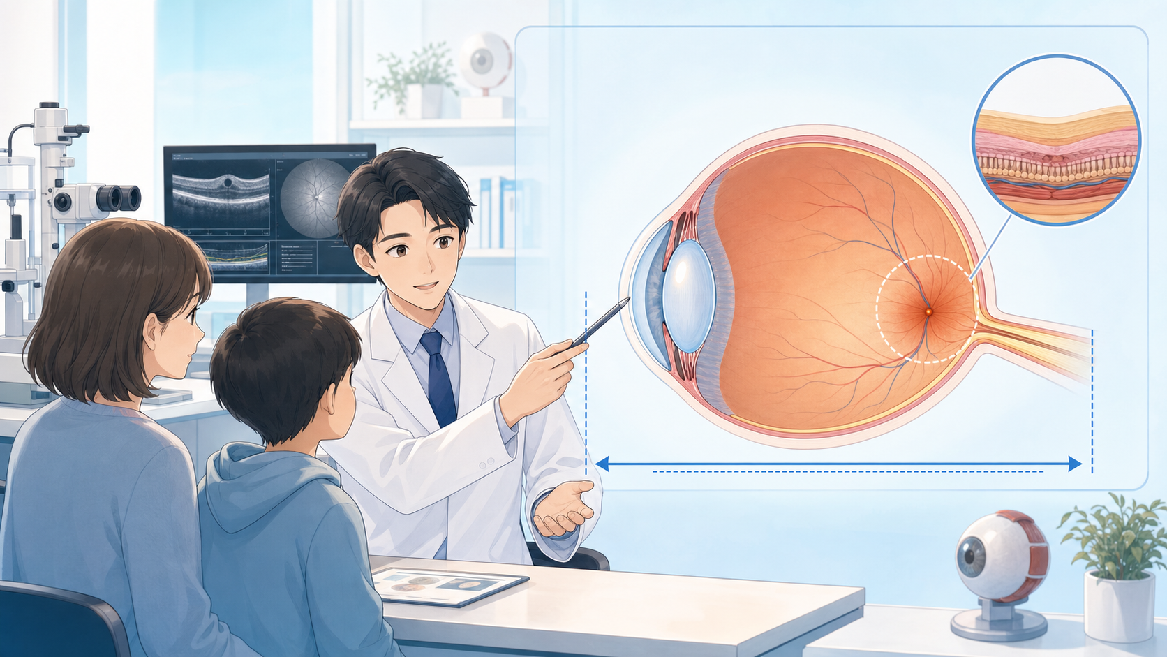 眼軸が長い目で黄斑部に変化が起こるイメージ