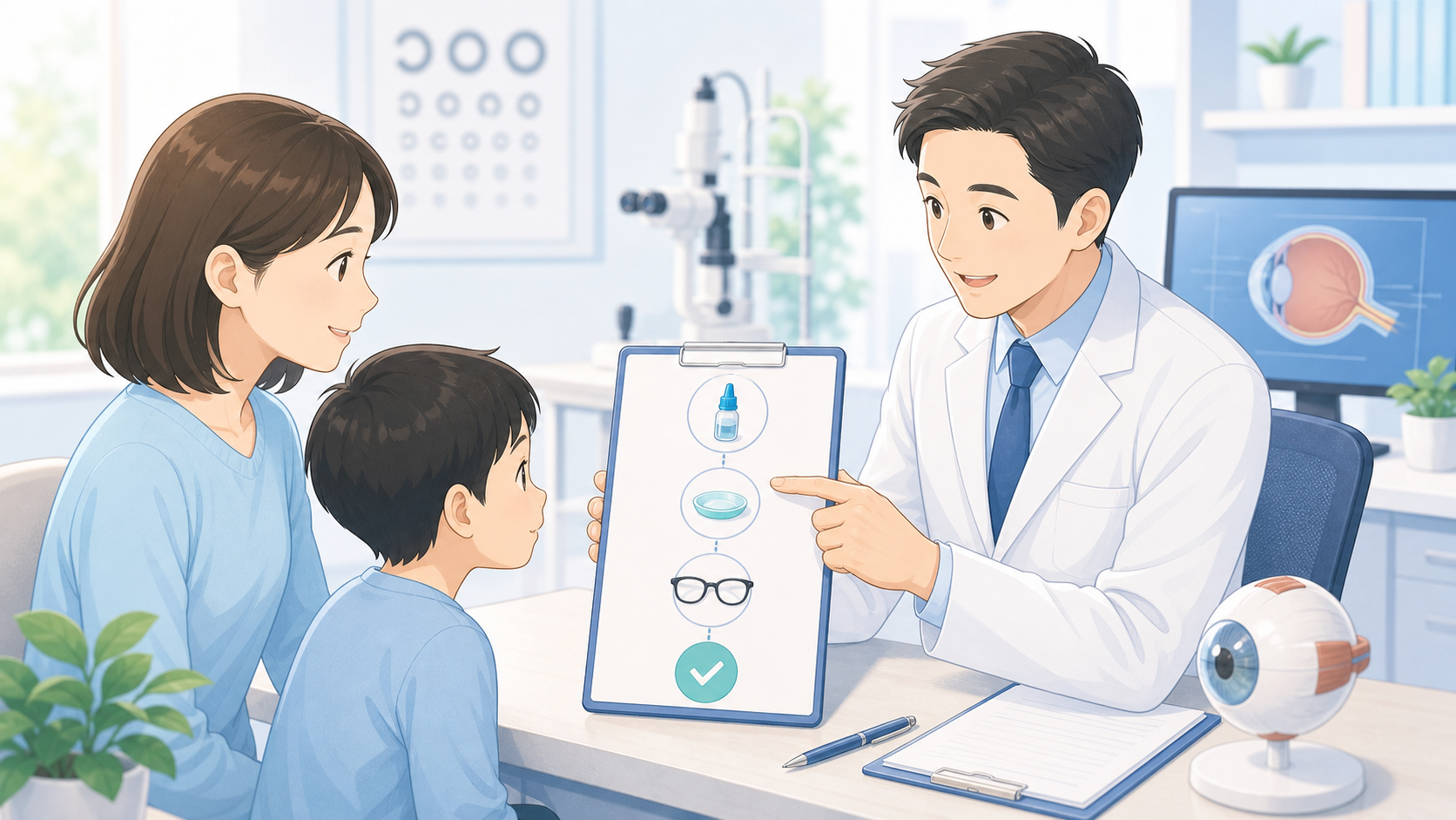 眼科医が保護者と子どもに近視抑制治療の処方条件を説明するイメージ