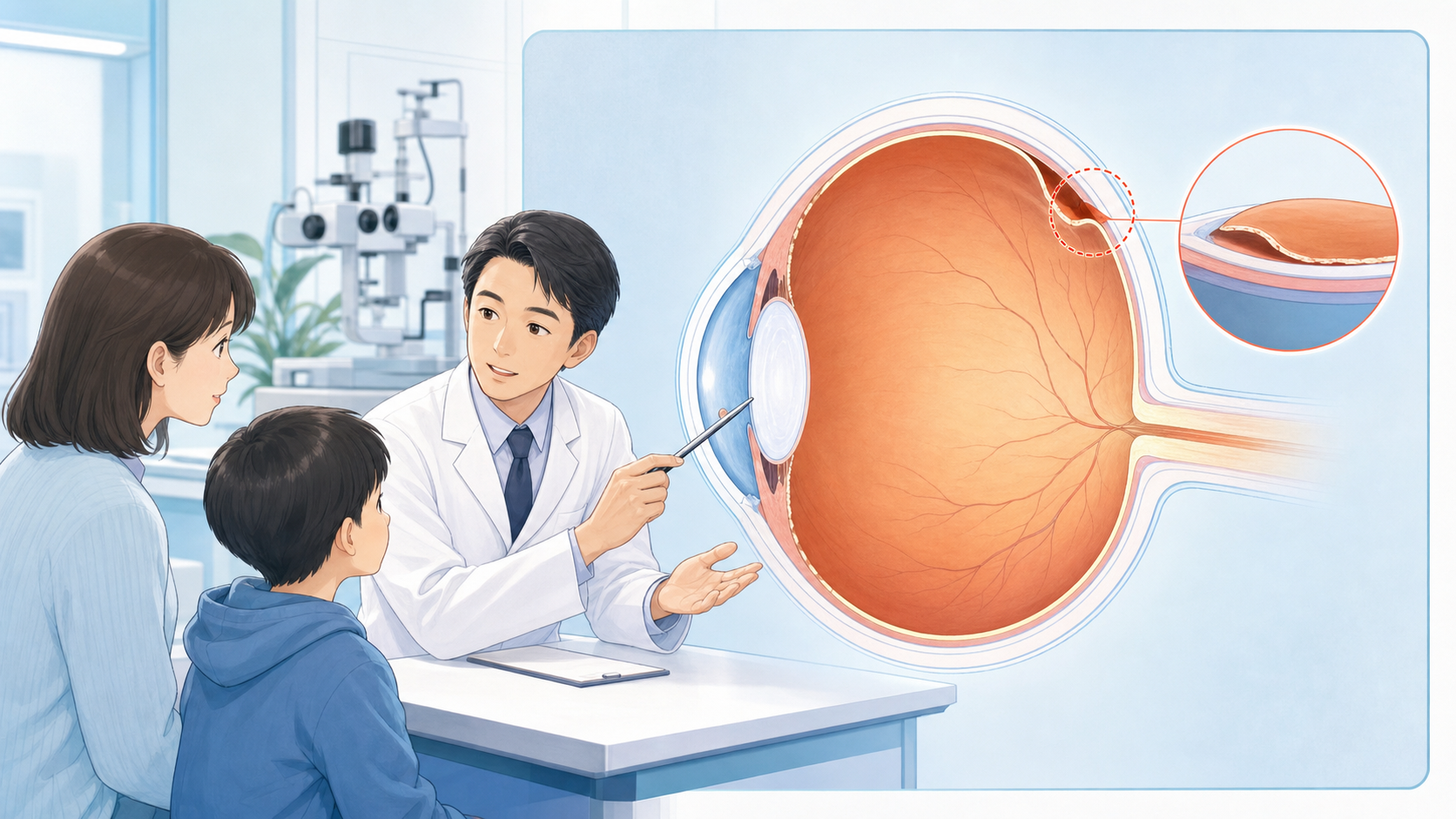 近視で網膜が薄くなり剥離に注意が必要なイメージ