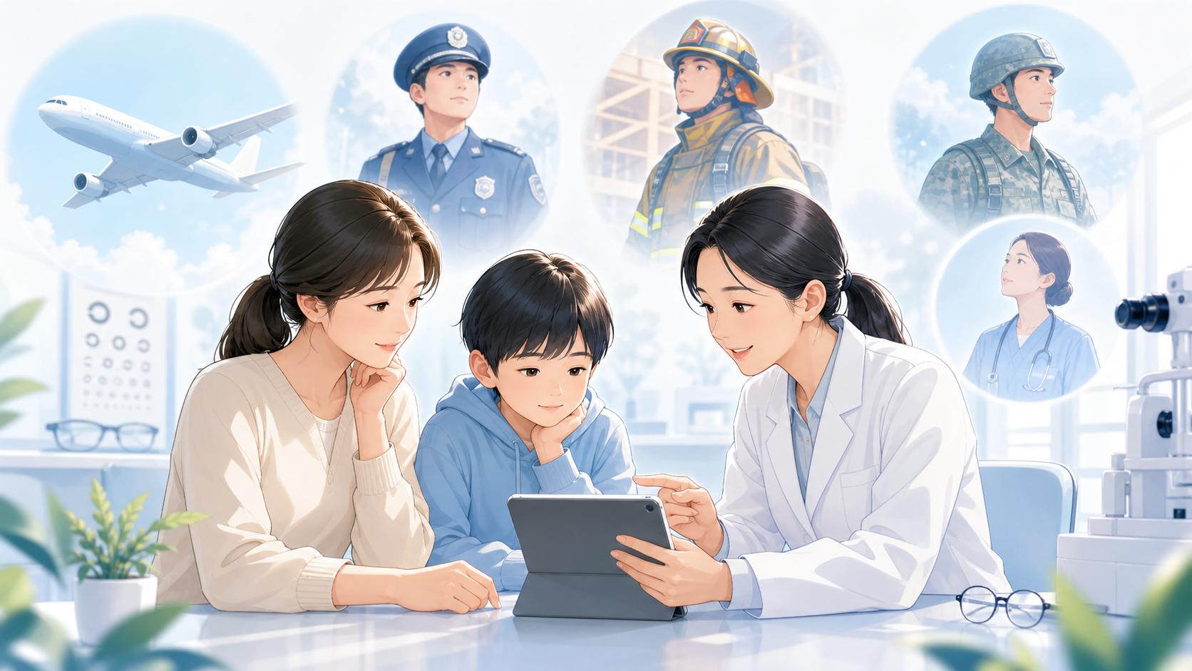 視力表と職業ごとの視力基準を示すイメージ